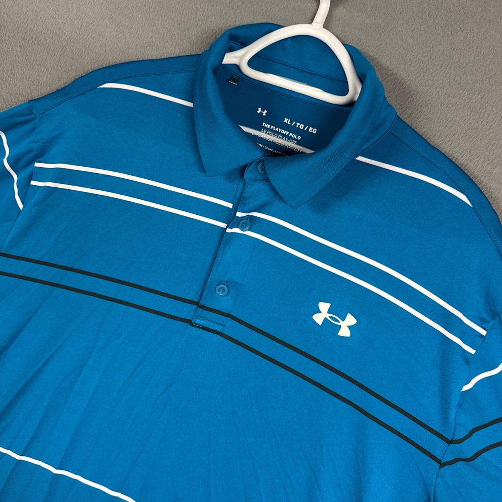 Under Armour Polo Shirt Mens XL Blue Striped Playoff Polo Short Sleeve Golf